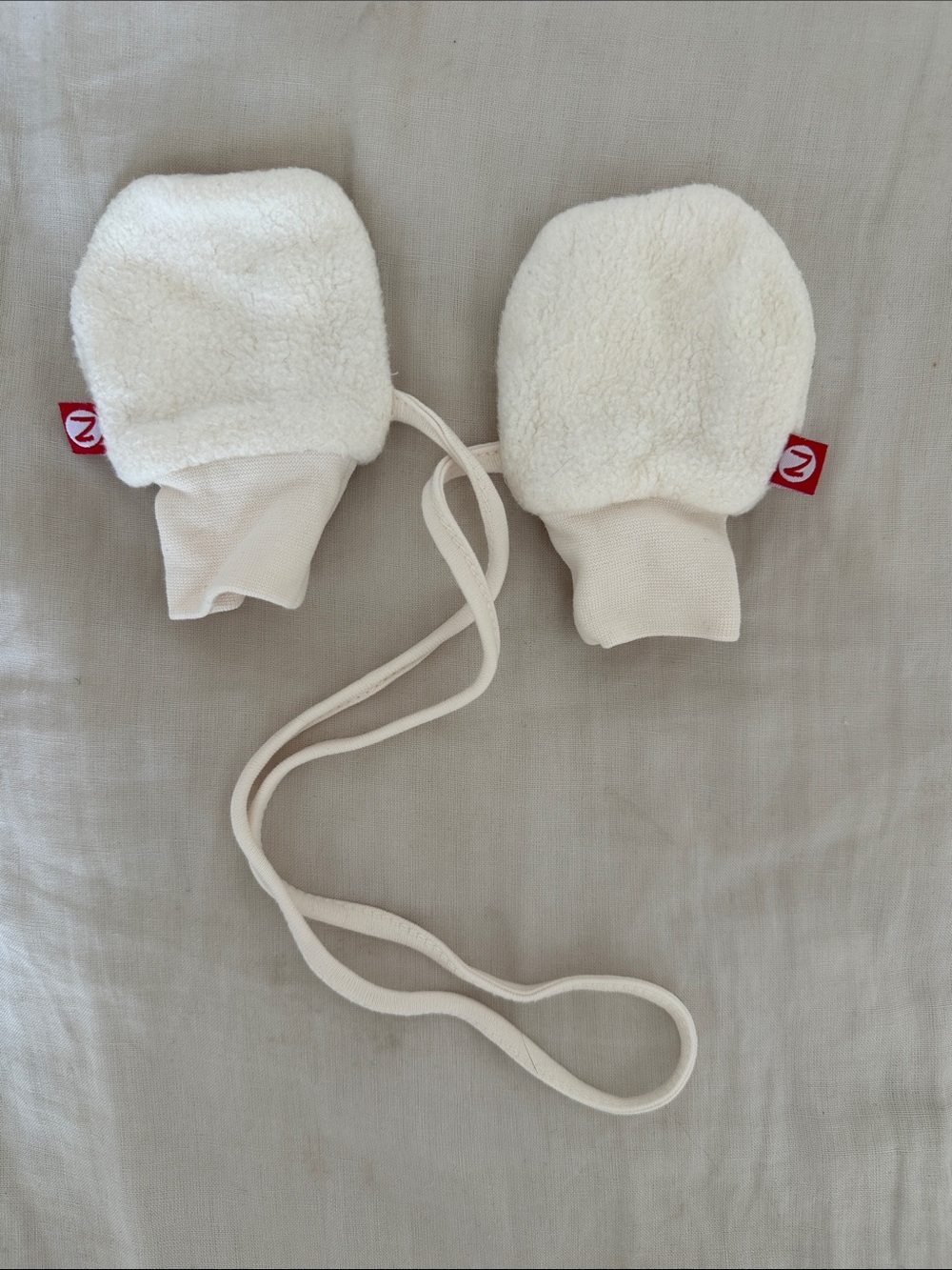 6-12mo Cream Baby Mittens with String - Soft Fleece